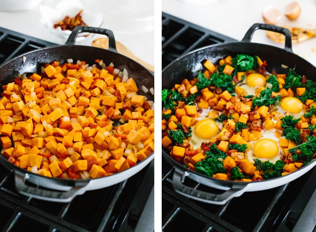 Sauteing sweet potato, kale and eggs for breakfast hash recipe. 