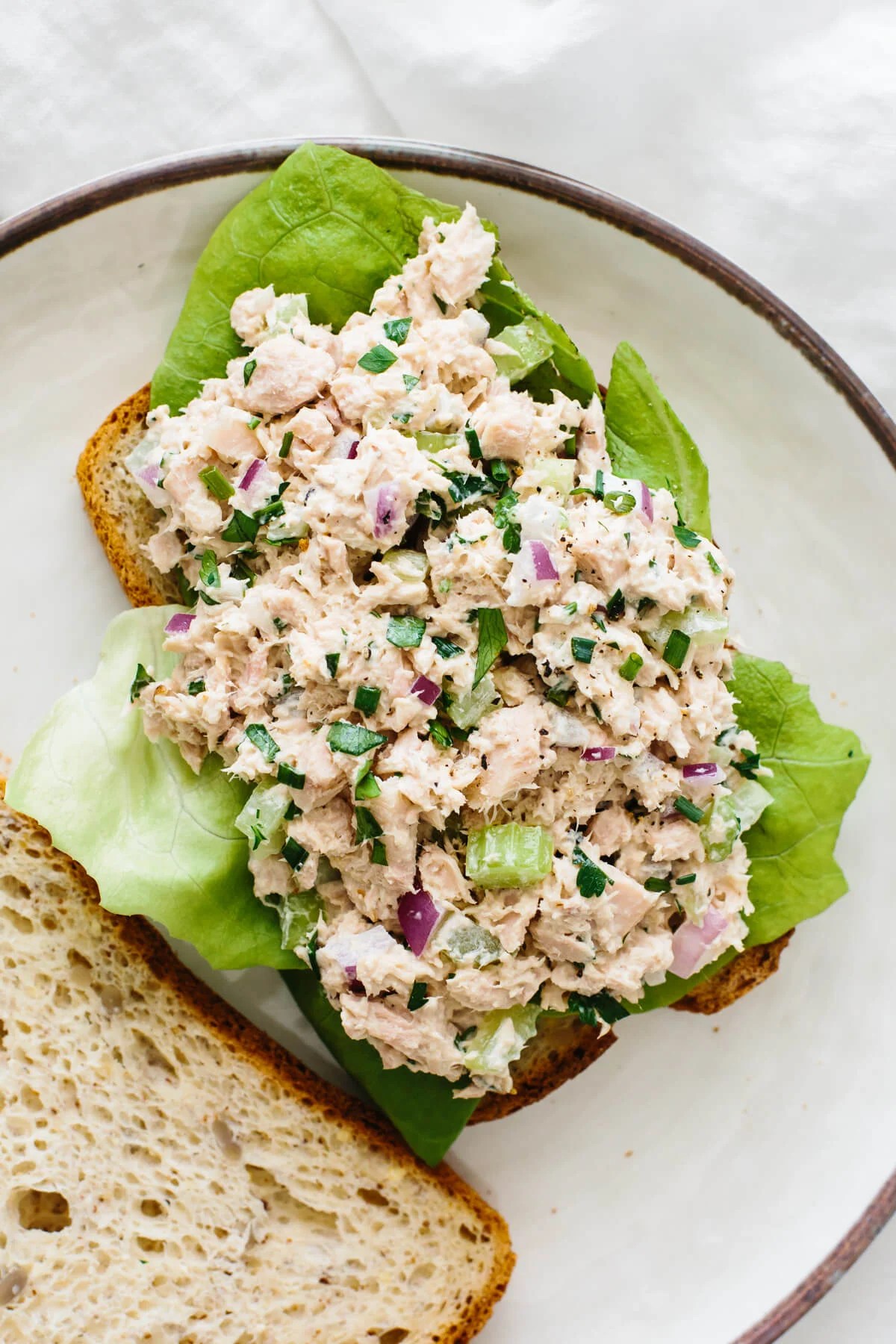 Tuna salad on a slice of bread.