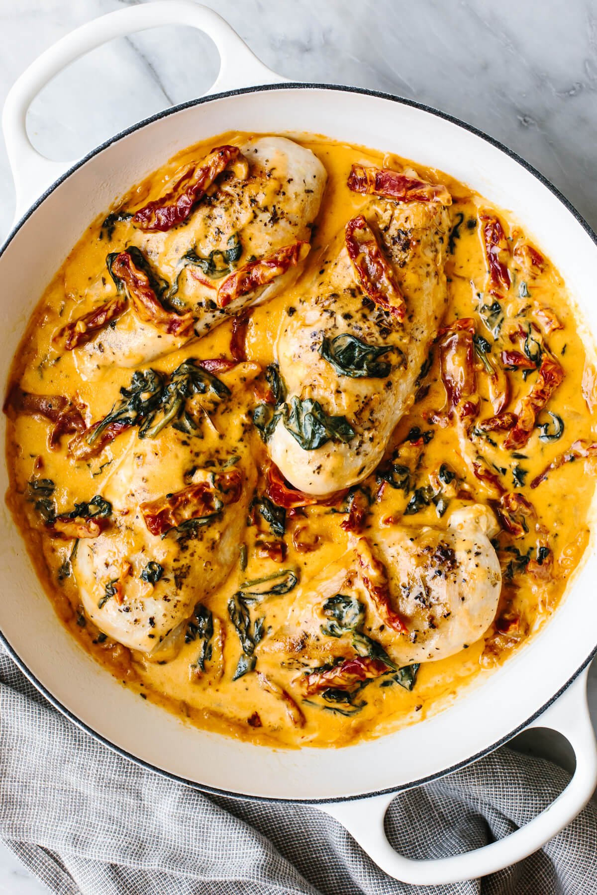 A skillet of tuscan chicken