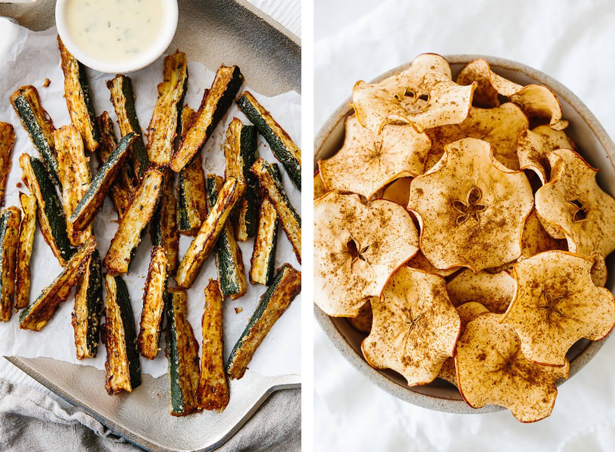Vegetarian snacks with apple chips and zucchini fries