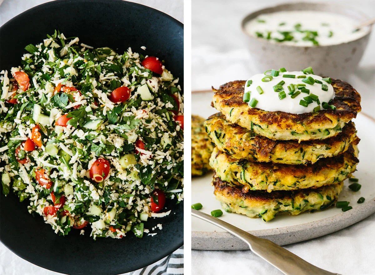 Vegetarian recipes with zucchini fritters and tabbouleh