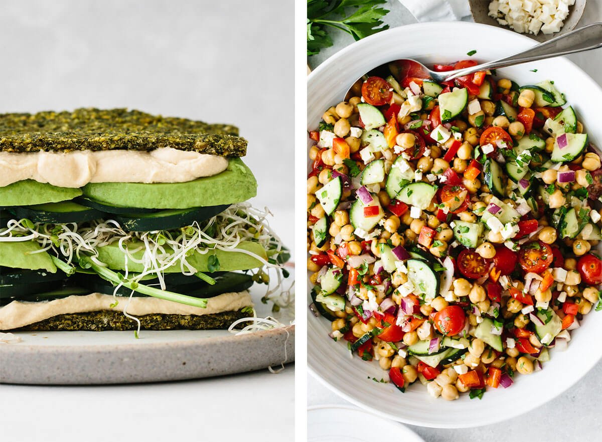 Vegetarian recipes with chickpea salad and falafel flatbread.