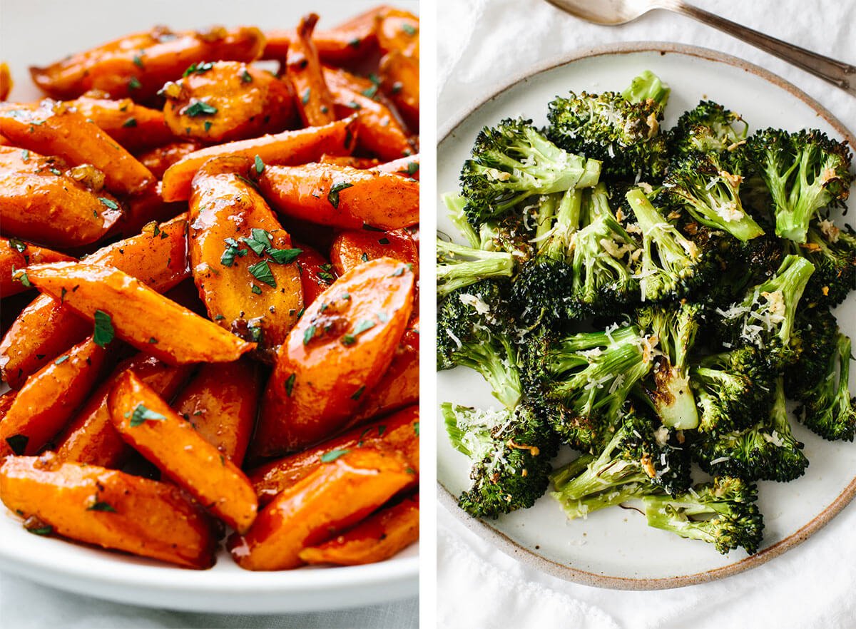 Vegetarian recipes with roasted broccoli and glazed carrots.