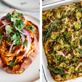 Whole30 dinner recipes with baked sweet potato and chicken casserole.