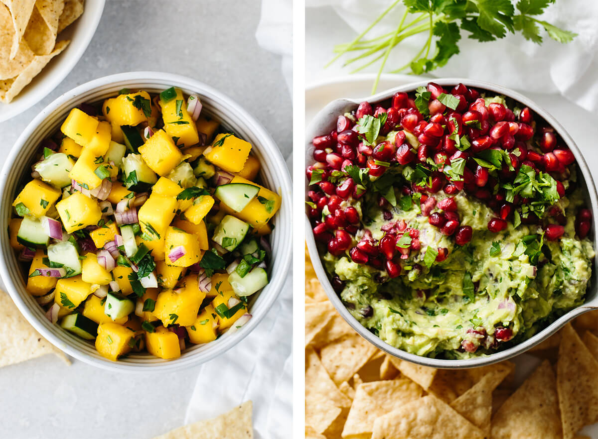 Whole30 snacks including a bowl of mango salsa and guacamole