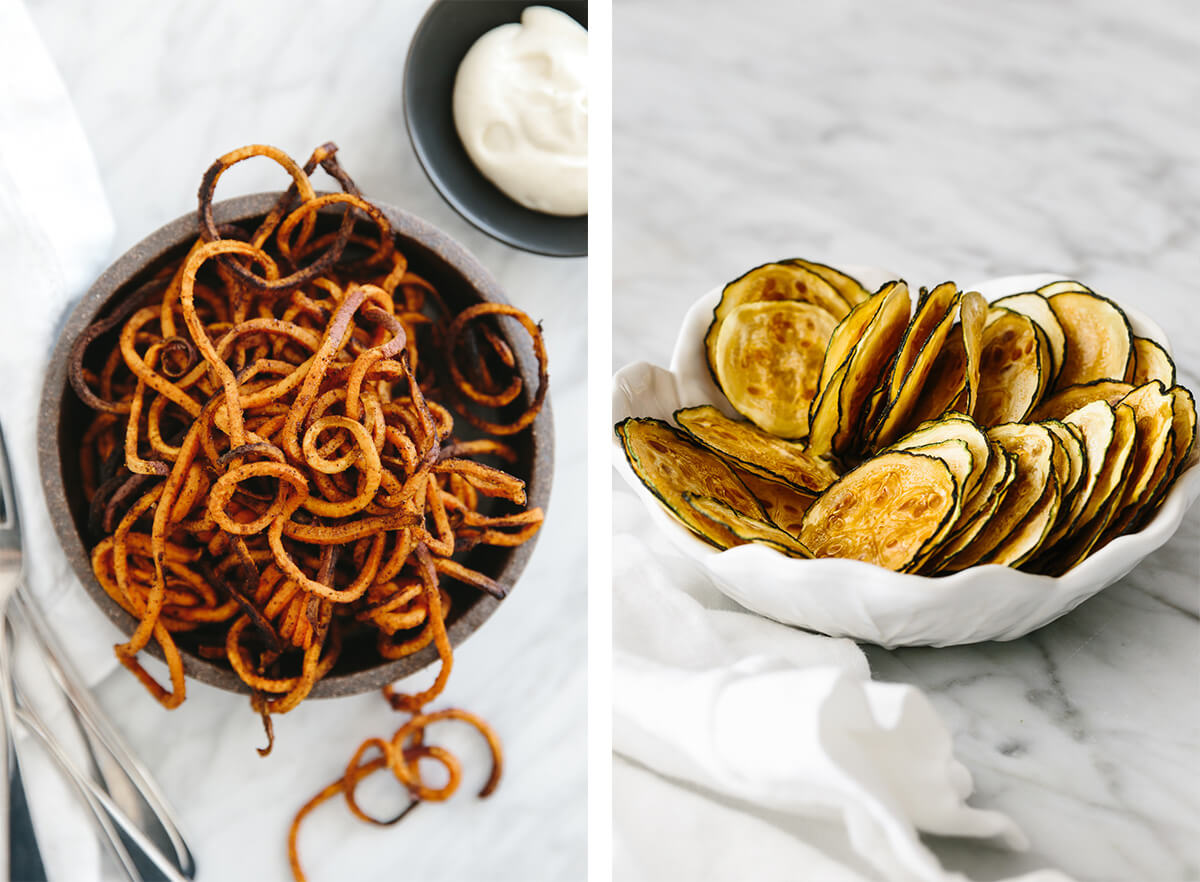 Whole30 snacks with zucchini chips and sweet potato fries.