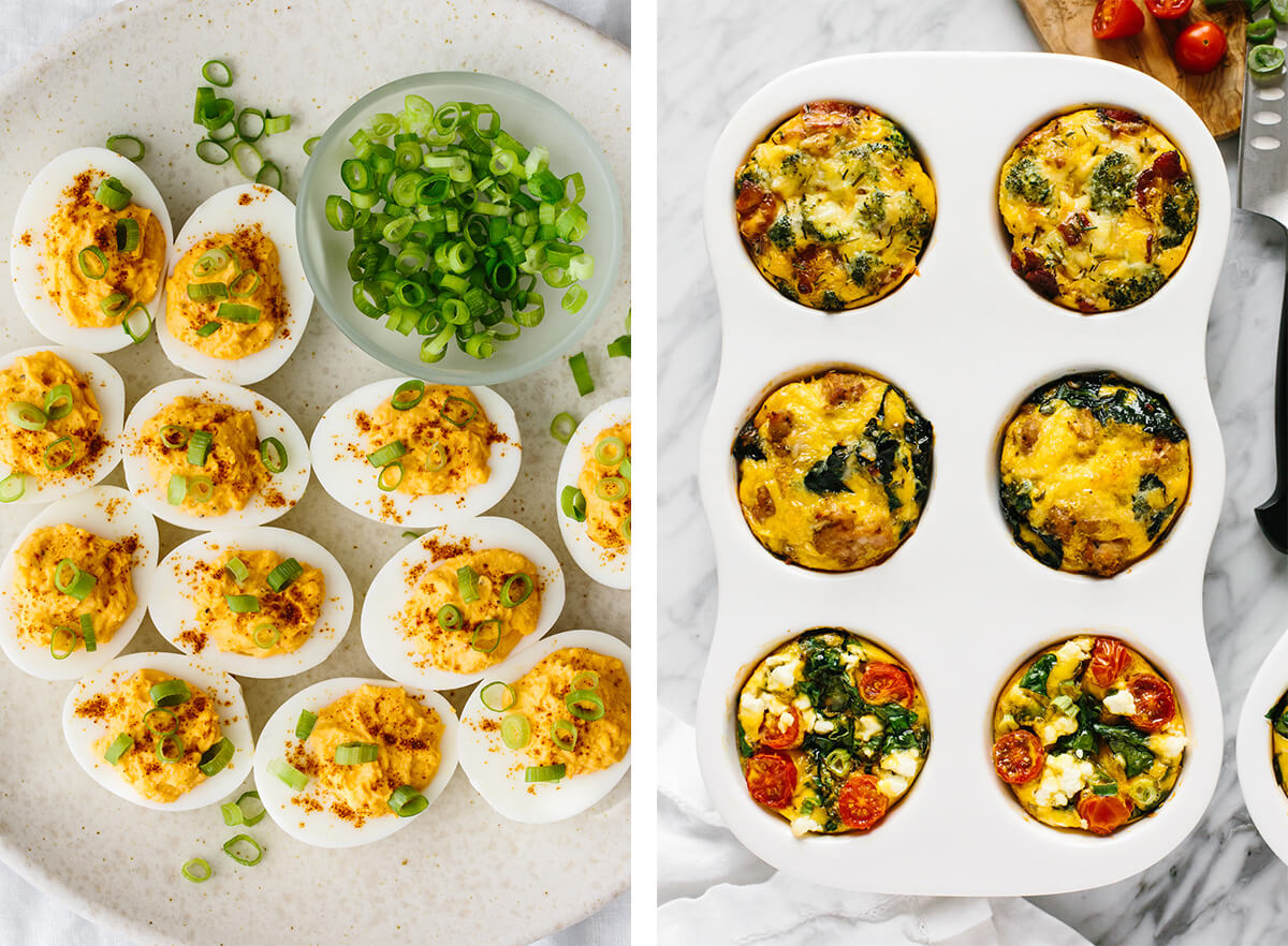 Whole30 snacks with deviled eggs and egg muffins