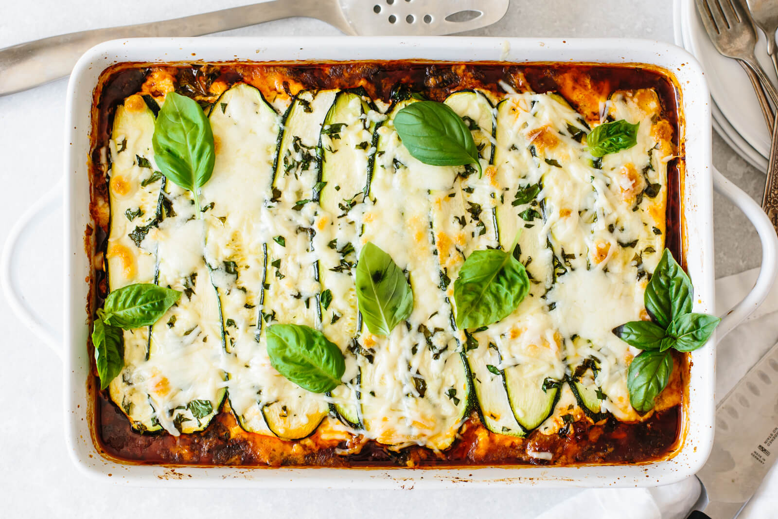 Zucchini lasagna in a baking dish